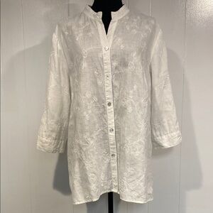 Lucy & Laurel Blouse Linen Embroidered Mandarin Collar  White Floral Blouse